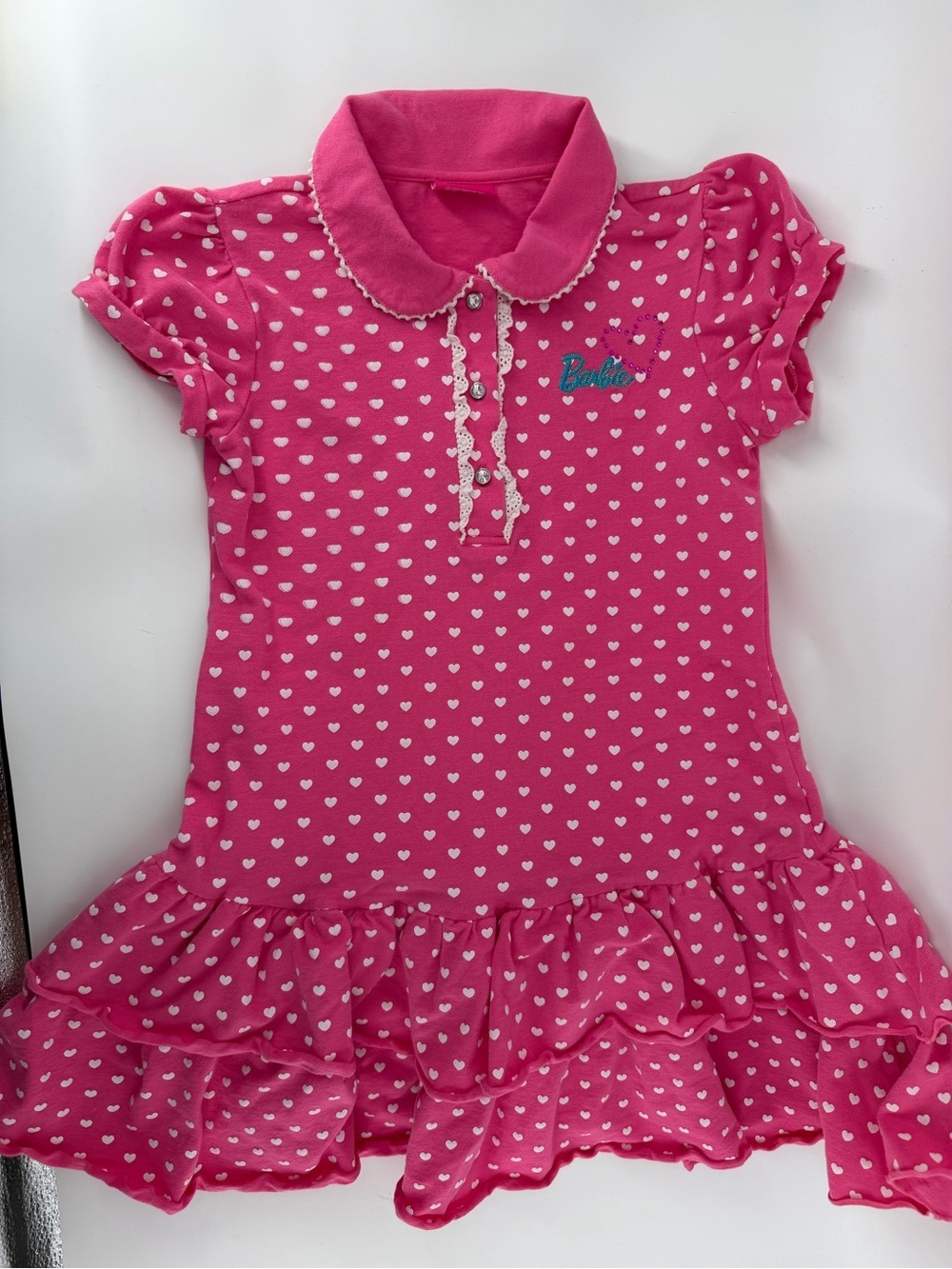 Barbie Girls Dress Size 10 Pink Heart Print Ruffle Polo Lace Y2K Barbiecore
